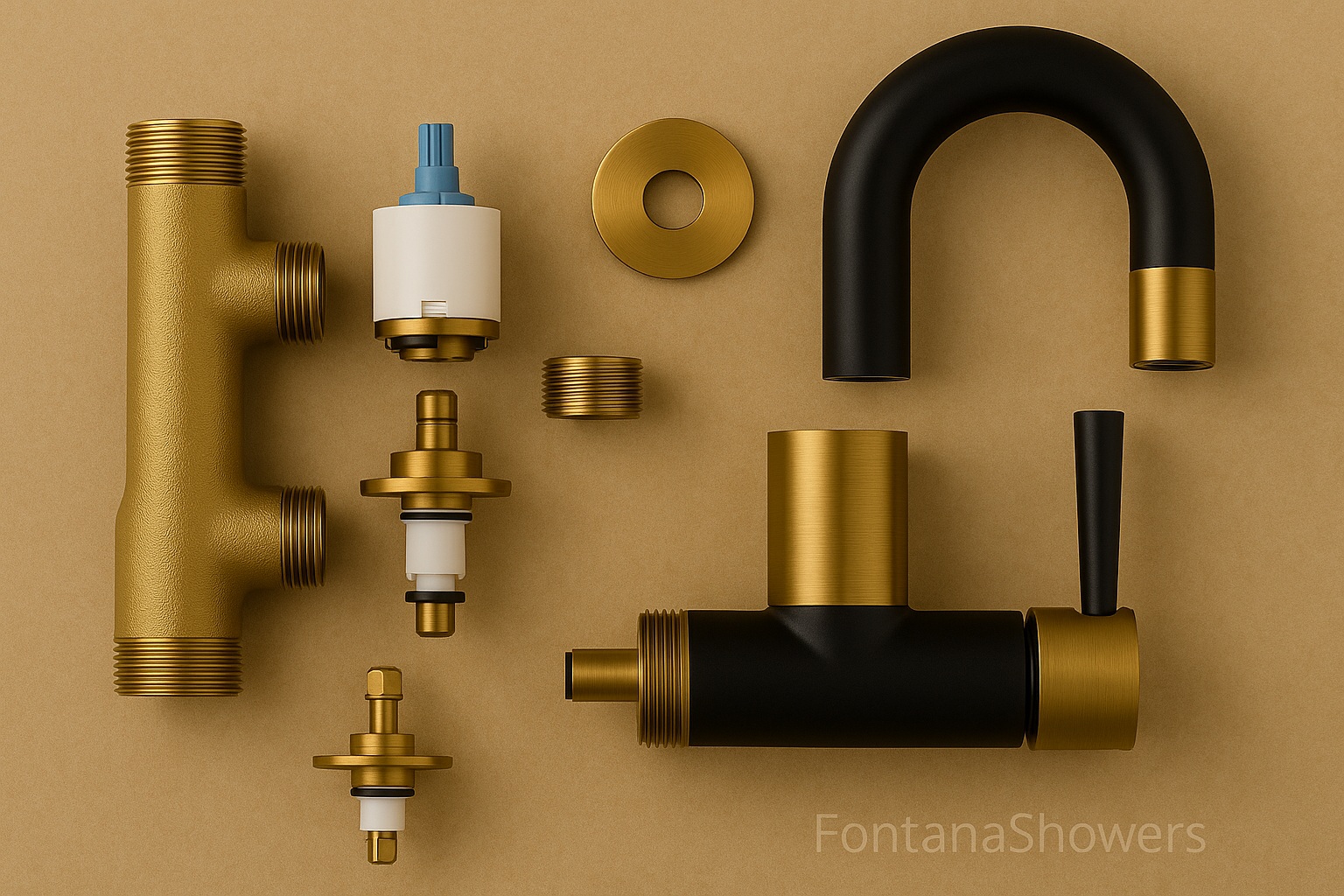 Exploded view of two-tone faucet body showing brass casting, cartridge, and spout assembly
